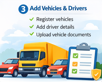 Adicionar veículos e motoristas Adição de veículos e motoristas na ExusTrans com capacidade de carga, dimensões do compartimento e status ADR