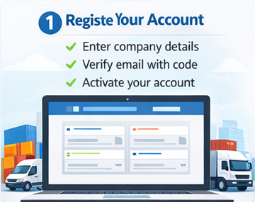 Registre sua conta de transportadora na ExusTrans Formulário de cadastro de transportadora na ExusTrans com dados da empresa, número de IVA e ativação por e-mail